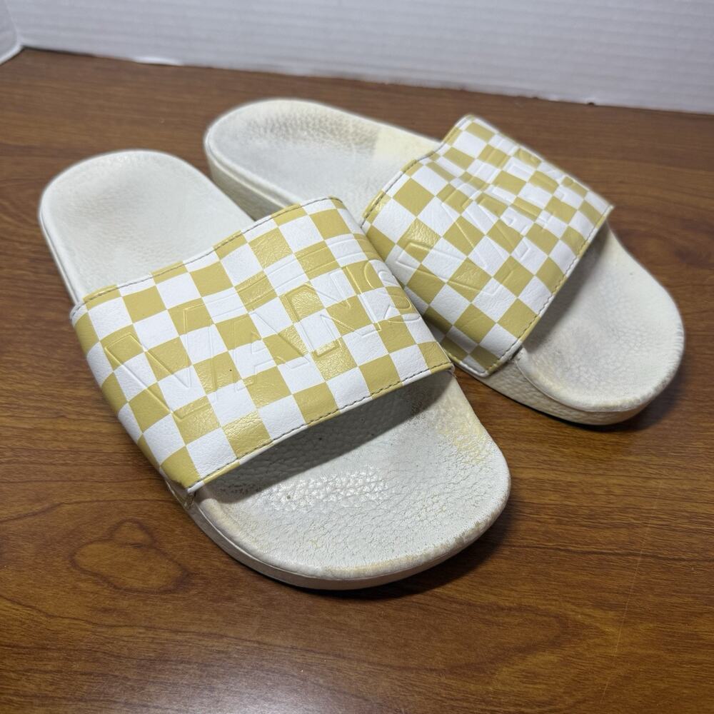 Vans Off The Wall Women's Checkerboard Yellow Leather Slides Sandals Size 7